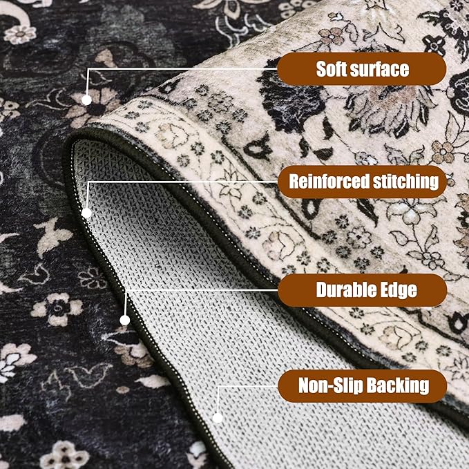 Vintage 2x10 Runner Rugs for Hallway Non-Slip Hallway Runner Rug with Rubber Backing Washable Rug Runner for Kitchen Bedroom Vintage Distressed Carpet(Blcak Navy Multi