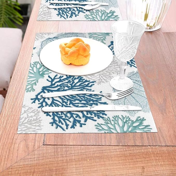 Placemats Set of 4 Nautical Blue Coral Place Mats Coastal Teal Beige Coral Woven Table Mats Washable Ocean Theme PVC Placemat for Dining Kitchen Decor Indoor Outdoor, 12 x 18 Inch