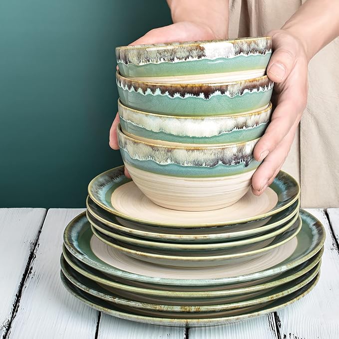 Bosmarlin Stoneware Dinner Plates, 8.5 inches, Set of 4 for Salad, Pasta, Dessert, Microwave and Dishwasher Safe (Green, 8.5 in)