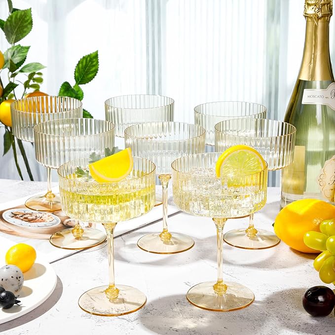 48 Pcs Ribbed Martini Glasses 10 oz Disposable Plastic Vintage Ribbed Coupe Glasses Unbreakable Dessert Parfait Glassware for Wedding Birthday Party Supplies (Gold)