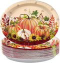 Grencian 50Pcs Fall Oval Paper Plates 10" x 12" Large Disposable Heavy Duty Pumpkin Plates Thanksgiving Pumpkin Sunflower Paper Platters for Thanksgiving Fall Harvest Holiday Decorations
