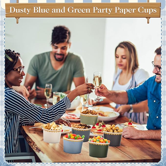 Zopeal 96 Pcs Winter Disposable Ice Cream Bowls 9oz Dusty Blue and Green Gradient Color Paper Snack Cups with Gold Scallop for Parties, Weddings, Baby Showers, Desserts, Yogurt, and Salads
