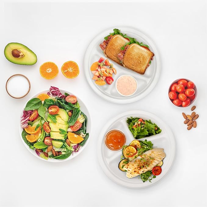 Freshware Paper Plates - Disposable 10" Plate, 500-Pack, Biodegradable Sugarcane Dinner Plates - Heavy Duty Dinnerware - Microwave & Freezer Safe, Stackable Dinnerware - 3-Compartment