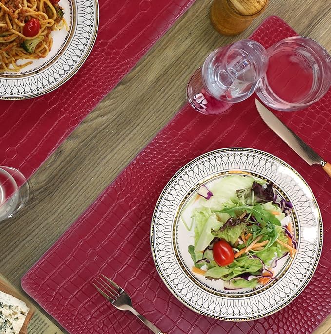 Jovono Faux Leather Placemats Set of 8, Waterproof Heat Resistant Dinner Place Mats for Dining Table, Non-Slip Crocodile Embossed, Red (17.8x11.8 Inch)