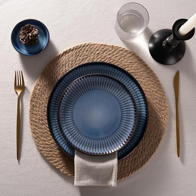 Famiware Starlight Plates and Bowls Dishes Set of 4 (12 Pieces), Ribbed Textured Stoneware Dinnerware Sets- Dishwasher & Microwave Safe, Chip & Scratch Resistant, Starry Blue