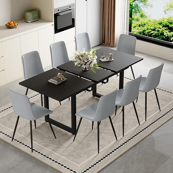 Extendable Dining Table Set for 8, 55"–71" Modern Black Kitchen Table with 8 Upholstered Chairs, Space-Saving for Living Room Apartment, Sturdy & Comfortable, Easy Assembly
