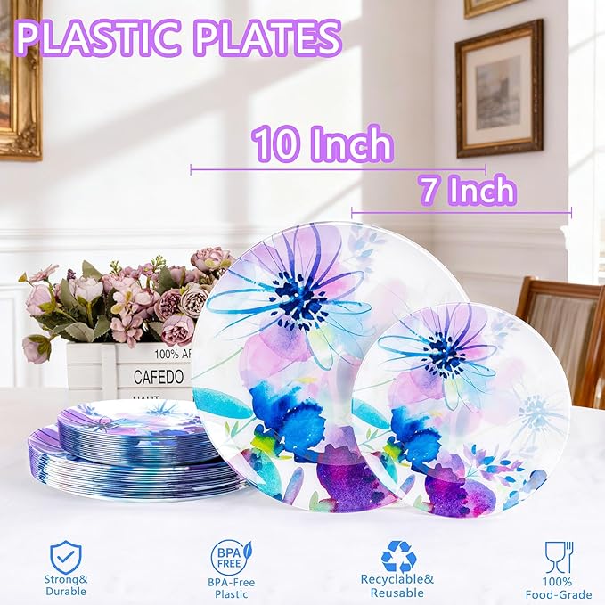 DaYammi 20Pcs Purple Plastic Plates with Watercolor Floral Plates Heavy duty Watercolor floral Plastic Plate 10.25 inch Dinner plates and 7.5 inch Dessert plates for Valentine's Day Party Wedding
