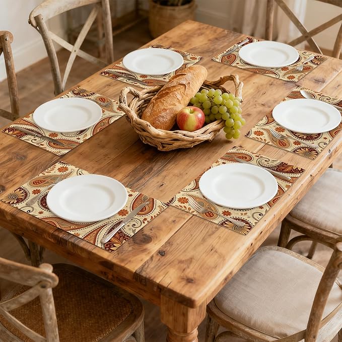 Placemats, Indian Vintage Paisley Pattern Brown Placemats 12x18 Inch Waterproof Non-Slip Washable Table Mats for Kitchen Dining Party Table Decor,Set of 6