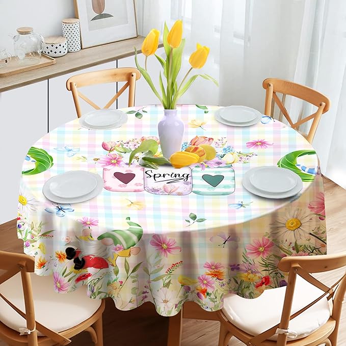 Spring Tablecloth Round, 70 Inch Gnome Flowers Buffalo Check Plaid Kitchen Table Cover for Dining Room Indoor Decor