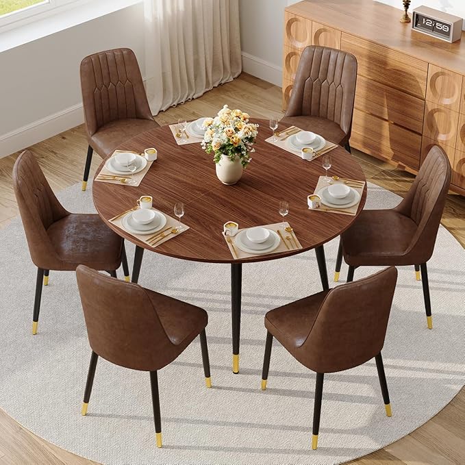 53” Round Dining Table Set for 6｜7 Piece Wood Dining Table Set｜Extendable Dining Room Table with 6 Chairs｜Walnut Wooden Tabletop with Metal Legs｜Easy Assembly｜Space Saving｜for Kitchen, Living Room