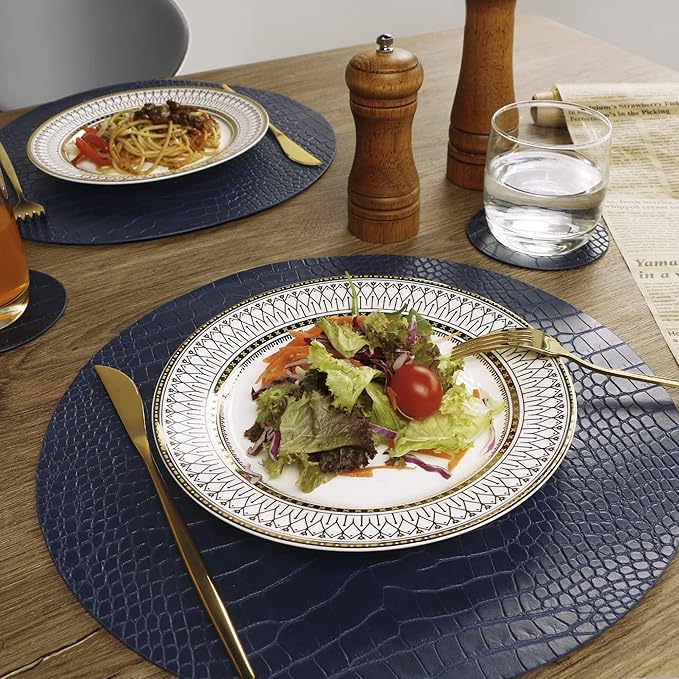 Round Leather Placemats for Round Tables Set of 4, Blue Table Place Mats and Coasters, Washable Easy to Care for Indoor Decor 13" Diameter