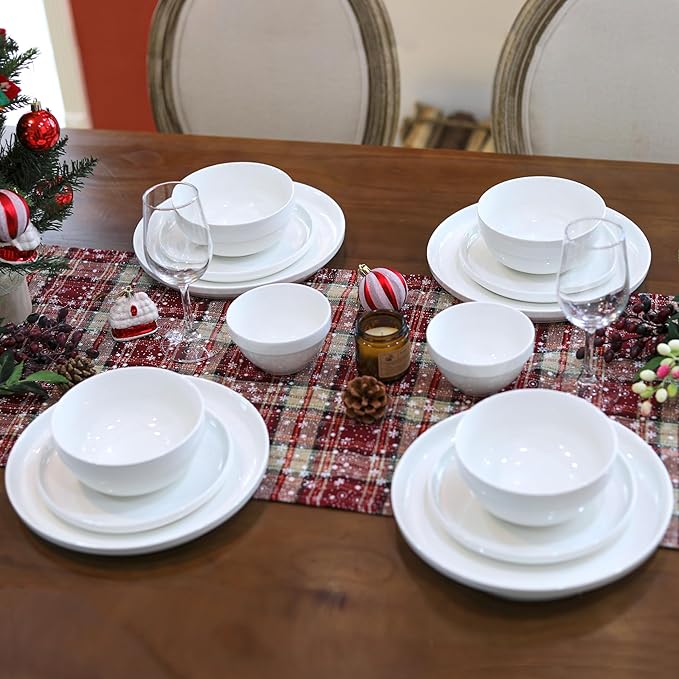 HAPPY KIT 12 Pieces Porcelain Dinnerware Set, Serving Plates and Bowls Set for 4, Chip and Scratch Resistant White Kitchen Dishware Sets, Thick-edge Non-slip Design