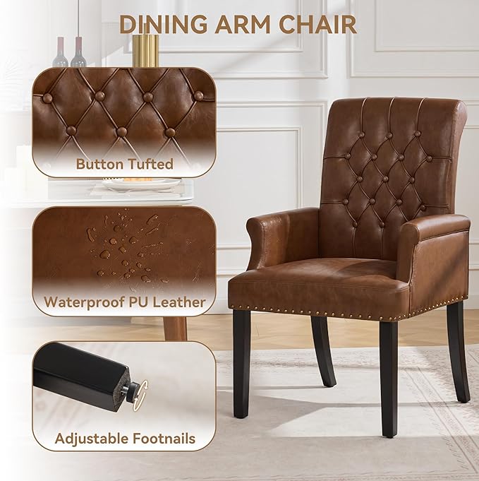PU Leather Dining Chair with Arms, Upholstered Tufted High Back Dining Room Chairs, Accent Armchair with Solid Wood Leg and Nailhead Trim, Kitchen Dining Living Room, Coffee