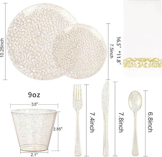 Rubtlamp 350 Pcs Gold Glitter Plastic Plates, Hammered Disposable Plates Set (50 Guests), Glitter Dinnerware Set Include 100 Plastic Plates, 150 Glitter Silverware, 50 Cups And 50 Napkins