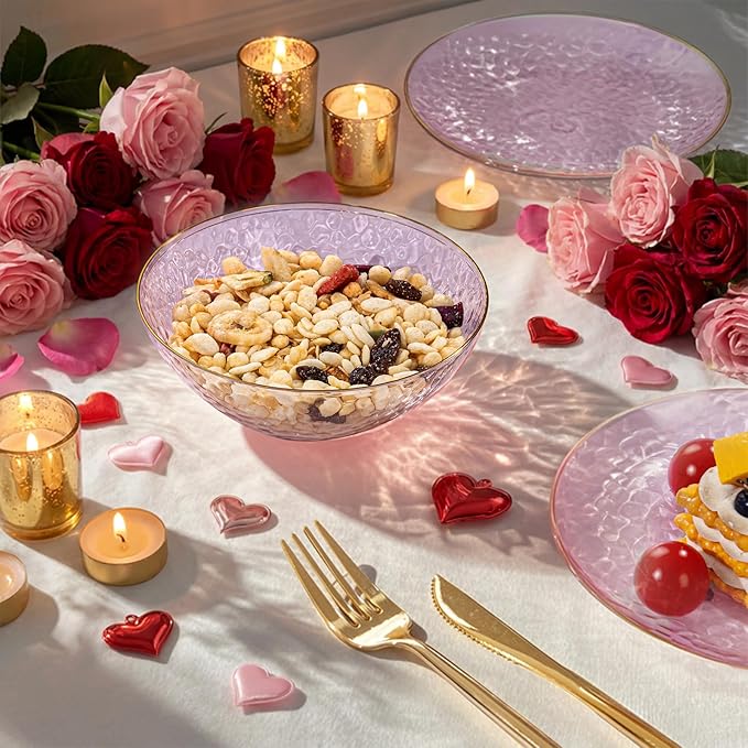 I00000 20 Pack 12 Ounce Pink Plastic Bowls Hammered Gold Rimmed Crystal Like, Heavy duty Disposable Bowl Set,Elegant Soup/Salad/Dessert/Ice Cream Small Bowls For Valentine's Day Party, Weddings