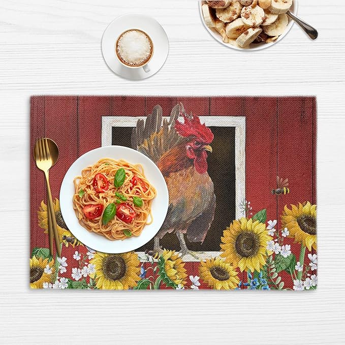 Watercolor Red Barn Cock Placemat Set of 6, Rooster Sunflowers Heart Heat-Resistant Washable Table Place Mats for Kitchen Dining Table Decoration