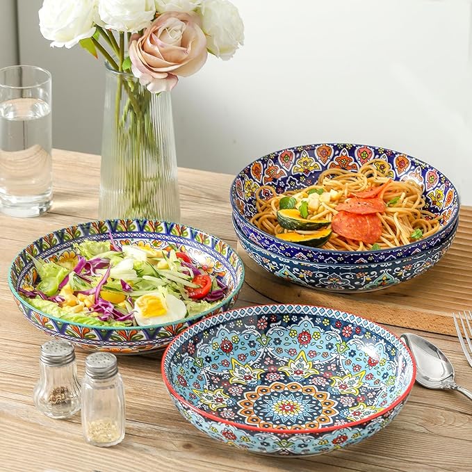 glowworm Pasta Bowls Set of 4, 42 oz Ceramic Salad Bowls for Kitchen, Large Serving Bowls for Ramen, Fruit, Housewarming Gift, Dishwasher & Microwave Safe, Bohemian