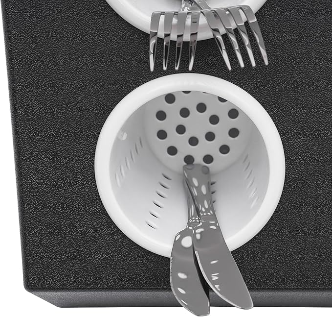 6-Compartment Utensil Holder - Black & White Restaurant Cutlery Organizer with Removable Liners, 22 lbs Capacity, for Kitchen Counter, Bars, Coffee Shops, Restaurants, & Hotels