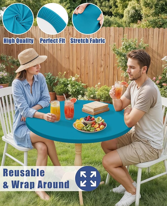 Round Spandex Tablecloth, Elastic Fitted Waterproof Tablecloths for 42"-50" Tables, Stretch Washable Picnic Table Cover for Camping, Dining, Indoor and Outdoor, Turquoise