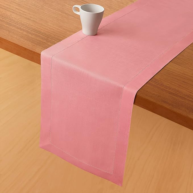 D'Moksha Homes Linen Dusty Pink Table Runner 120 Inches Long - 100% Pure Linen Hemstitch 14 x 120 Inch Table Runner for Dining, Valentines, Spring, Easter - Classic Hemstitch