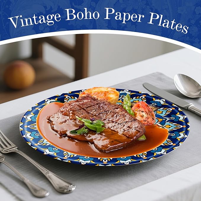 ZULYSTO 100 Count Boho Paper Plates (50×7"+ 50×9") – Disposable Plates for Party, Retro Bohemian Style Dessert Dinner Plate Set for Daily Use, Holiday, Wedding, Events