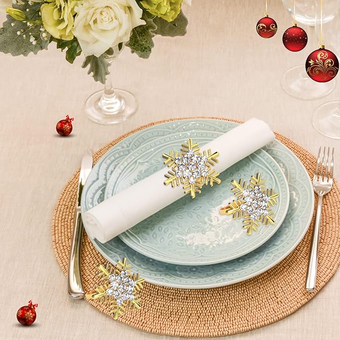 ZeeDix Christmas Gold Snowflake Napkin Rings Set of 8, Napkins Ring for Dinning Table - Rustic Dinner Tables Decoration for Wedding Receptions Christmas Thanksgiving Holiday Party Dinner Parties