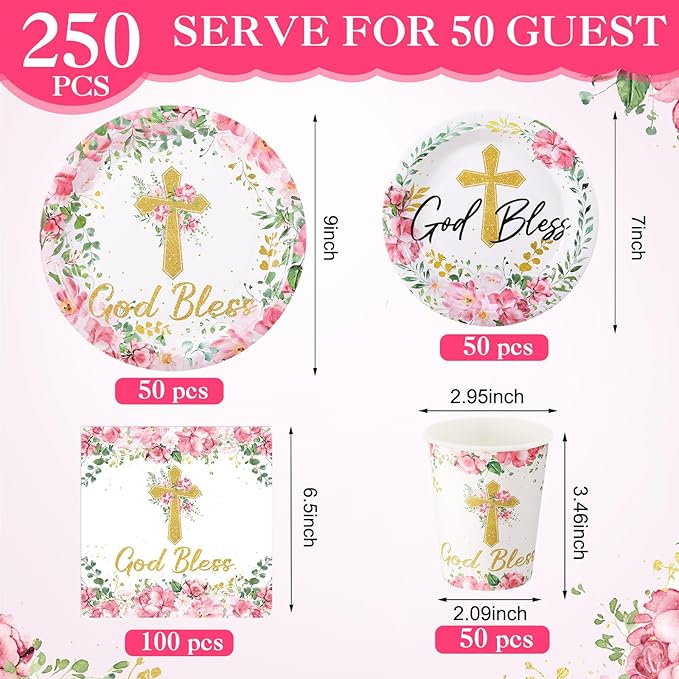 Pickmesh 250 Pcs Pink Baptism Cross Disposable Tableware Set First Holy Communion Baptism Disposable Paper Plates Napkins and Cups for Christening Celebration Baby Shower Religious Supplies
