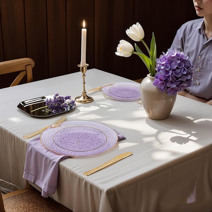DaYammi 60 Pieces Purple Gold Plastic Plates - 10 inch Clear Dinner Plates - Hammer Pattern Design - Fancy Clear Purple and Gold Disposable Plates For All Occasions