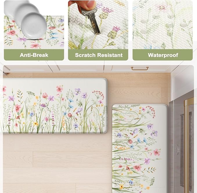 KIMODE Kitchen Mats Cushioned Anti Fatigue, Summer Farmhouse Flower Kitchen Rugs Sets of 2, Padded Kitchen Floor Mats, Non Slip Standing Mats for Sink Laundry Office Desk White 20"x59"+20"x32"