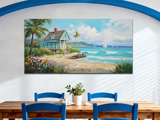 Anolyfi Tropical Canvas Wall Art for Living Room, Palm Tree Nature Coastal Seascape Painting Wall Decor Textured Artwork for Bedroom Hallway Kitchen Office Home Decor 48"x24"