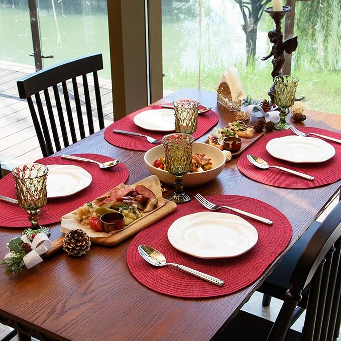 Noctiflorous Oval Braided Placemats Set of 8 Woven 12x18 Inch Non Slip Washable Heat Resistant Place Mats Round Tablemats for Dining Kitchen Party Daily Table Decor Dinner Mats (Red, 8)