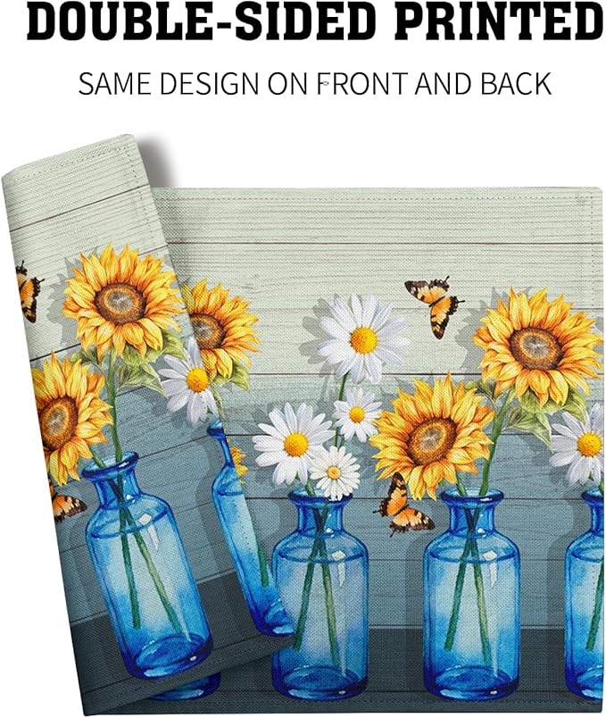 Vintage Floral Placemats Set of 4 - Spring Summer Place Mats 12x18 Sunflower Table Mats Farmhouse Kitchen Mats for Party Dining Table