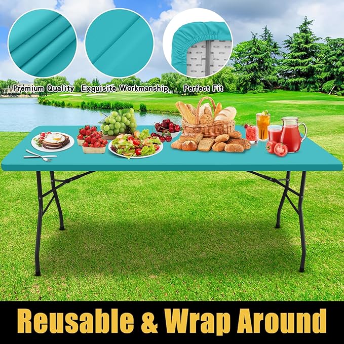 Smiry Rectangle Picnic Table Cloth, Waterproof Elastic Fitted Tablecloths for 4 Foot Tables, Washable Polyester Table Cover for Camping, Indoor and Outdoor (Turquoise, 24"x48")