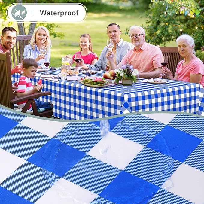 misaya Rectangle Waterproof Vinyl Table Cloth, Buffalo Flannel Backed Tablecloth, Wipeable Plastic Table Cover for Seaside, Picnic, Outdoor (60" x 144", White and Blue)