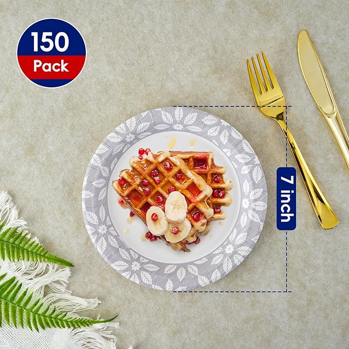 JOLLY CHEF 7 inch Disposable Paper Plates 150 Pack Heavy Duty Printed Dessert Plates for Thanksgiving or Everyday Use, Soak Proof, Cut Proof