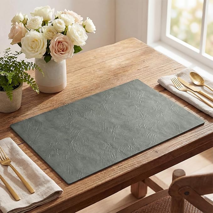 Artoid Mode Grey Faux Leather Placemats Set of 4, 12x18 Inch Waterproof Wipeable Heat Resistant Vinyl Place Mats, Reversible Table Mats for Winter Kitchen Dining Decor