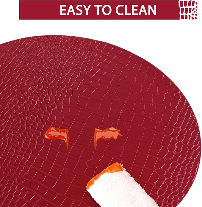 Jovono Round Leather Placemats for Round Tables Set of 6, Red Place Mats and Coasters, Wipeable Waterproof Heat Resistant Table Mats Easy to Care for Indoor Decor 14 inch Diameter