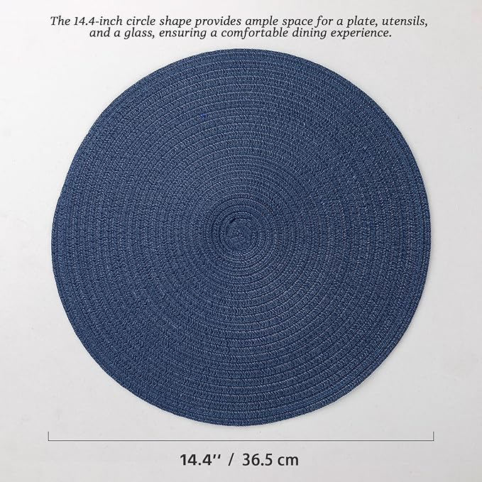 Round Placemats Set of 12 Woven Placemats Washable Braided Table Mats for Dining Table Heat Resistant Non-Slip Circle Place Mats(Navy Blue)