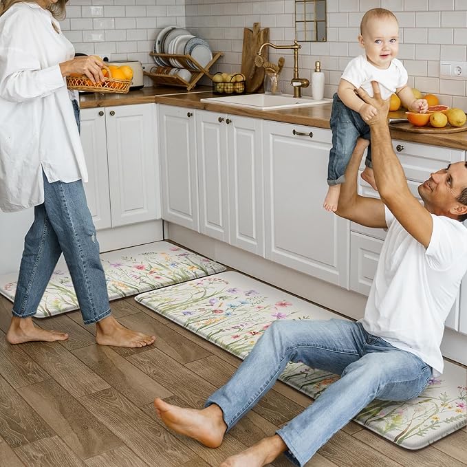 KIMODE Anti Fatigue Kitchen Mat for Floor, Farmhouse Floral Kitchen Rugs Sets of 2, Kitchen Floor Mats Non-Slip, Cushioned Standing Mat for Sink, Laundry, Desk, Home White 17"x47"+17"x29"