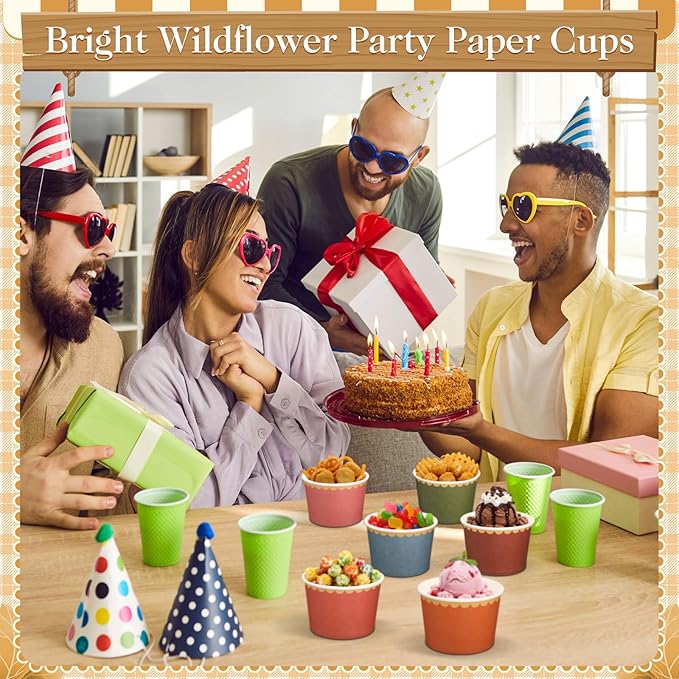 Zopeal 96 Pcs Fall Wildflower Disposable Ice Cream Bowls 9oz Colorful Gradient Color Paper Snack Cups with Gold Scallop for Parties, Weddings, Baby Showers, Desserts, Yogurt, and Salads