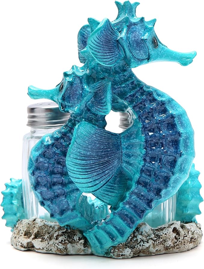 Hodao Seahorse With Salt and Pepper Shaker Figurines Decorations Set with Holder Figurine for Beach Bar or Tropical Kitchen Decor Table Decorations By Home Gifts (Seahorse-Blue)