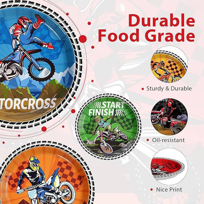 60Pcs Dirt Bike Party Decorations 9" Dirtbike Birthday Heavy Duty Paper Plates Motorcycle Disposable Plates Motocross Tableware for Boys Dirt Bike Birthday Party Decorations