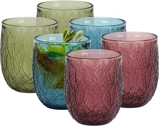 Topsky Vintage Colored Glassware Set of 6,12 oz Green Willow Leaf Drinking Glasses Set,Blue Drinkware Glasses for Wine,Cocktail,juice,Heavy Duty Glass Cups