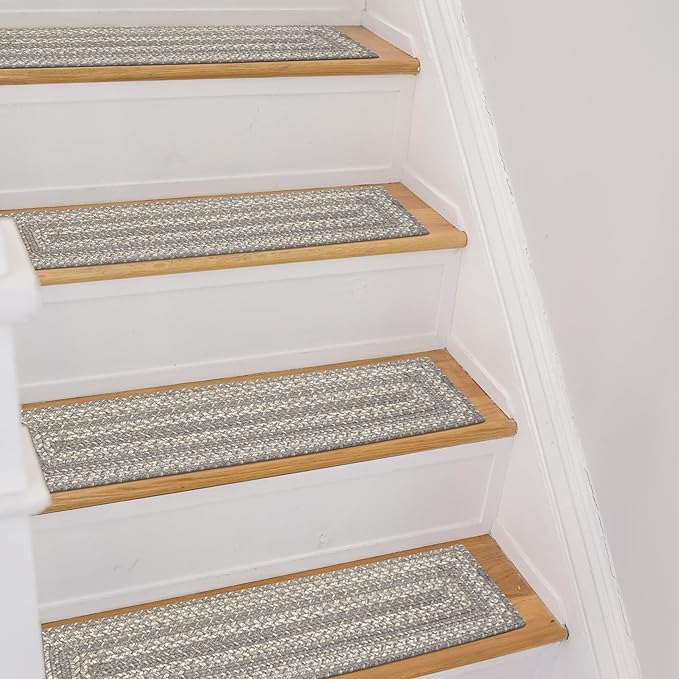 Homespice Grey Cloud Jute Braided Stair Treads for Wooden Steps, Warm Farmhouse Decor, Set of 13, Grey 8x28 Rectangle Rug for Stairs - Easy to Clean, Tightly Stitched and Durable