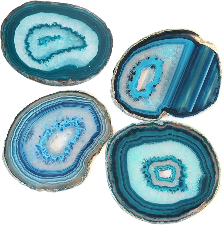 AMOYSTONE Teal Agate Coasters Set of 4, 3.5-4 Inch Large Stone Coasters, Heat Resistant & Non-Porous, Luxury Drink Accessories for Entertaining, Dinner Party Decor