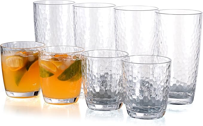 KOXIN-KARLU Hammered 15-ounce and 26-ounce Plastic Tumbler Acrylic Glasses, set of 8 Clear