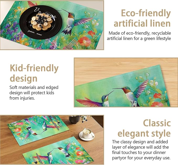 Hummingbird 12x18 Inch Placemats Set of 6 - Waterproof, Non-Slip & Washable Vintage Spring Flower Birds Table Mats for Kitchen & Dining Table Placemats