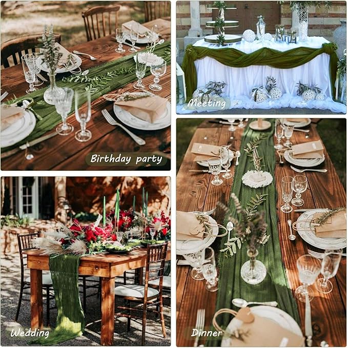 12 Pack Boho Gauze Table Runner - 35x72 Inch, Rustic Cheese Cloth, Long, Romantic, for Wedding, Bridal Shower, Birthday Party Decor (Grass Green)