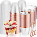 Jinei 50 Sets 9 oz Rose Gold Plastic Dessert Cups with Dome Lids Spoons Rimmed Clear Disposable Plastic Fruit Cups with Lids for Yogurt Parfait Pudding Cupcake Ice Cream Party Wedding Reception