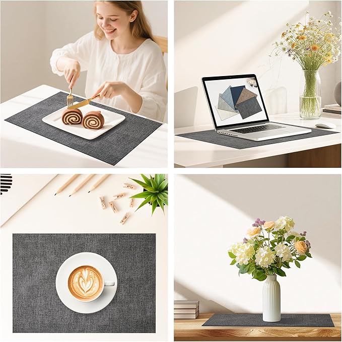 DOLOPL Placemats Set of 4, Reversible Wipeable & Heat Resistant Place Mats, Modern Faux Leather Table Mats for Kitchen, Neutral Waterproof Tablemats for Dining Table Decor, Wedding, Party(Charcoal)